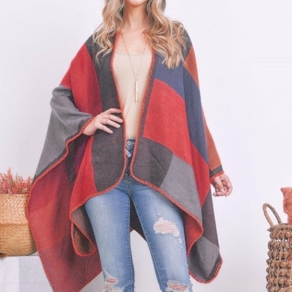 11 Fall/Winter Oversized Color Block Boho Poncho Shawl - Picture 1 of 4